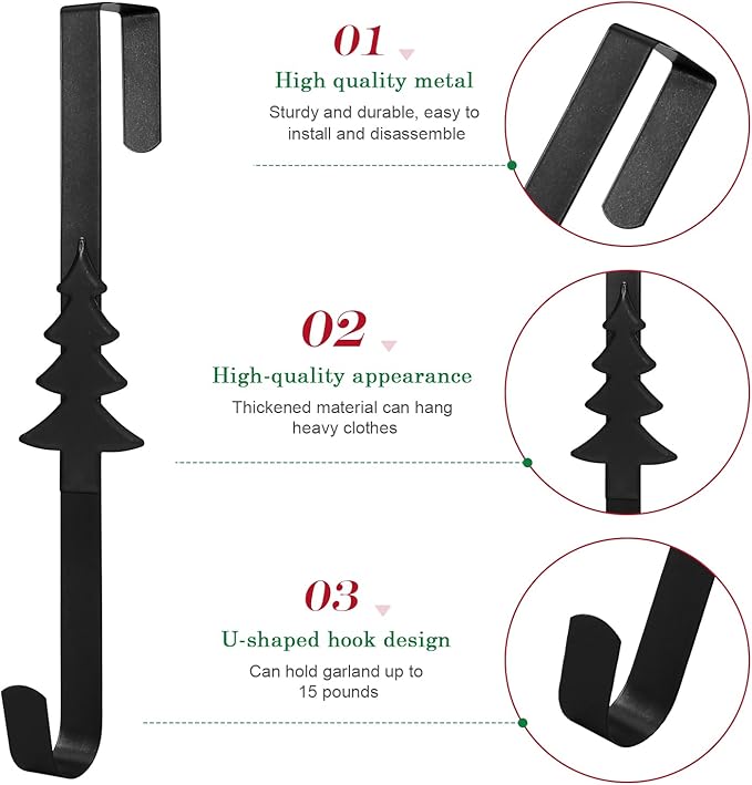 Wreath Hangers for Front Door,15" Sturdy Metal Wreath Doors Hangers,Over The Door Hooks for Front Porch Decor,Garland Hooks Holders for Halloween Christmas Decorations (Black Christmas Tree, 1 Pack)