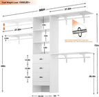 8FT Closet System, 96'' Closet Organizer System with 3 Hanging Rods, Wall Mount Bedroom Wardrobe with 3 Drawers Walk-in Closet, Adjustable Cloth Garment Rack from 5 to 8FT (Cut to Fit), White