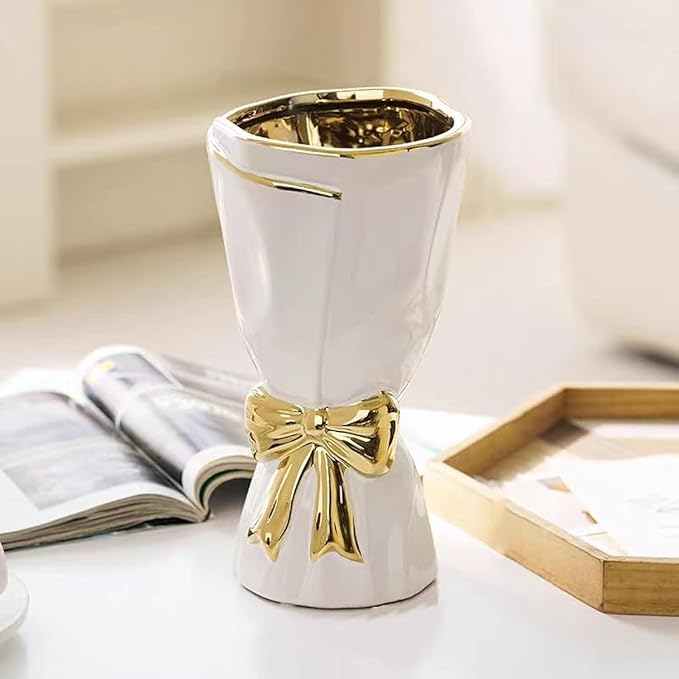 White and Gold Vase, Bow Vase for Home Decor, White Flower Vases for Boho Style, 9.65 Inch Large Vases for Ideal Table Decor, Ceramic Bouquet. （Glazed Exterior and Interior） (White, Large)
