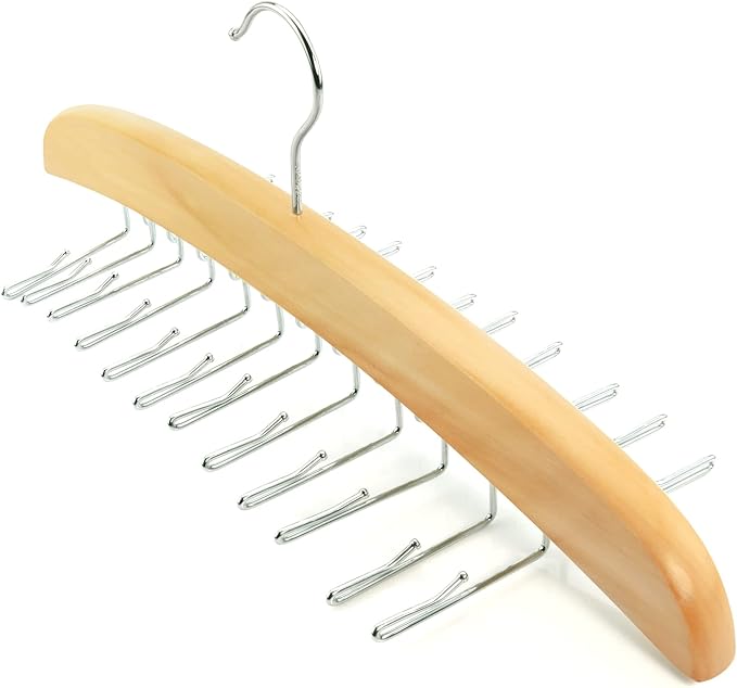 HANGERWORLD Hanging Tie Holder Organizer Rack - Premium Wooden Tie Hanger with 24 Folding Accessory Hooks for Closet Space Saving