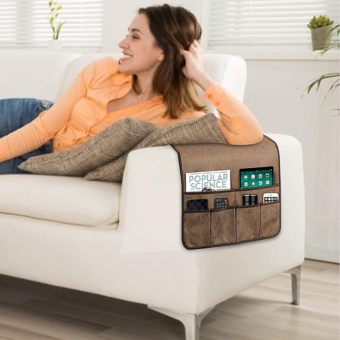HAOMAIJIA Anti Slip Sofa Armrest Organizer Arm Chair Bedside Caddy Storage Organizer For Recliner Couch With 6 Pockets For Cell Phone Tv Remote Control Magazines (brown)