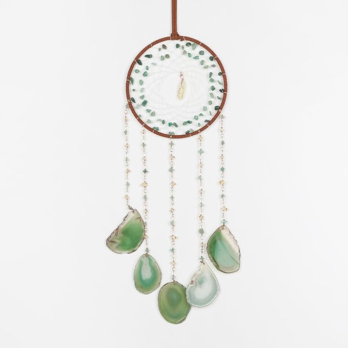 Green Aventurine Gemstone Agate Large Dream Catcher Chakra Dream Catcher with Crystals Handmade Dreamcatcher Wall Decor for Adults Boys Girls Bedroom Garden Bless Gift