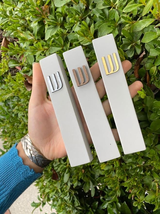 A&S Mezuzot Modern Concrete Mezuzah Case with Scroll, Easy Peel and Stick Mezuza (Grey+ Gold Shin, 6 Inches)