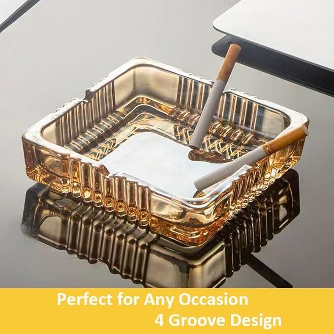 Handmade Glass Ashtray, Ashtray Ash Holder for Indoor or Outdoor Patio Desktop Office Smokers, Ash Tray for Tabletop Home Office Decor (Amber, L)