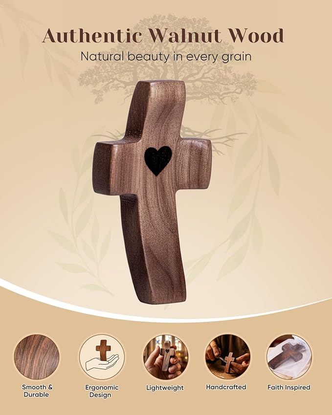 12-Pack Wooden Cross Fidget, Handmade Pocket Wood Crosses, Cross My Heart | Encouragement Gift, Relieve Anxiety for Yourself, Inspirational Easter Gift for Christian Faith, Prayer, Father Day Gifts