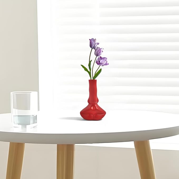 Red Lip Vase, Unique Ceramic Face Shaped Artistic Vase for Flowers, Red Room Dining Table and Desk Decoration