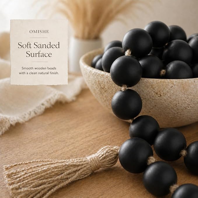 OMISHE 60" Long Extra Large Wood Bead Garland with 1.6" Diameter Wooden Beads and Tassels, Rustic Farmhouse Country Decorative Beads for Home Decor Tiered Tray Decor, Black