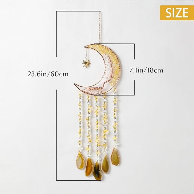 Agate Gemstone Dream Catcher 7 Chakra Tree of Life Dream Catcher with Rainbow Crystal Stones Handmade Dreamcatcher Wall Decor for Adults Boys Girls,Bedroom,Wedding,Garden,Bless Gift(Gold Moon)