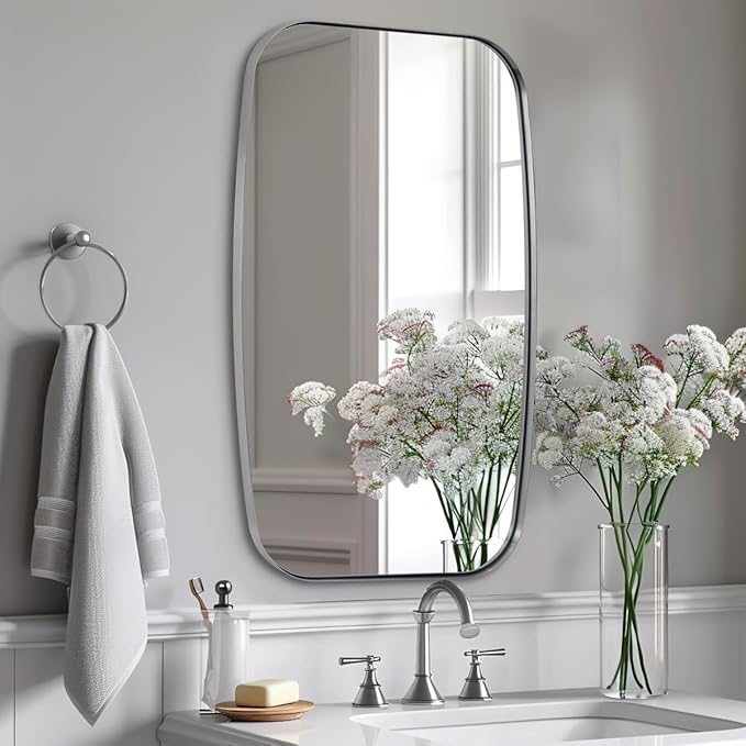 ANDY STAR Brushed Nickel Bathroom Mirror, 24x40” Oblong Mirror with Stainless Steel Metal Frame, Silver Oval Vanity Mirror for Over Sink, Modern Anti Rust Wall Mounted