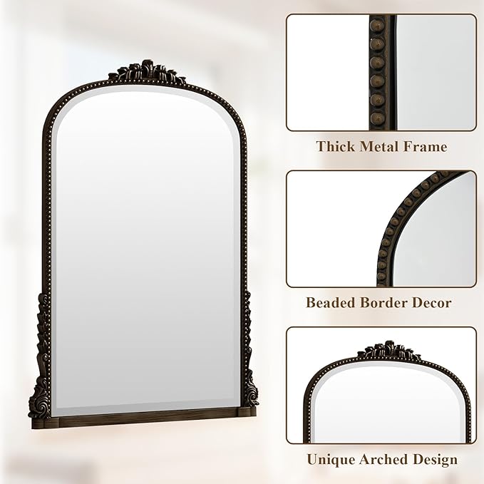 40x28 Beaded Arched Mirror, Bathroom Mirror for Over Sink, Metal Frame Wall Decor for Entryway, Bedroom, Living Room, Bronze