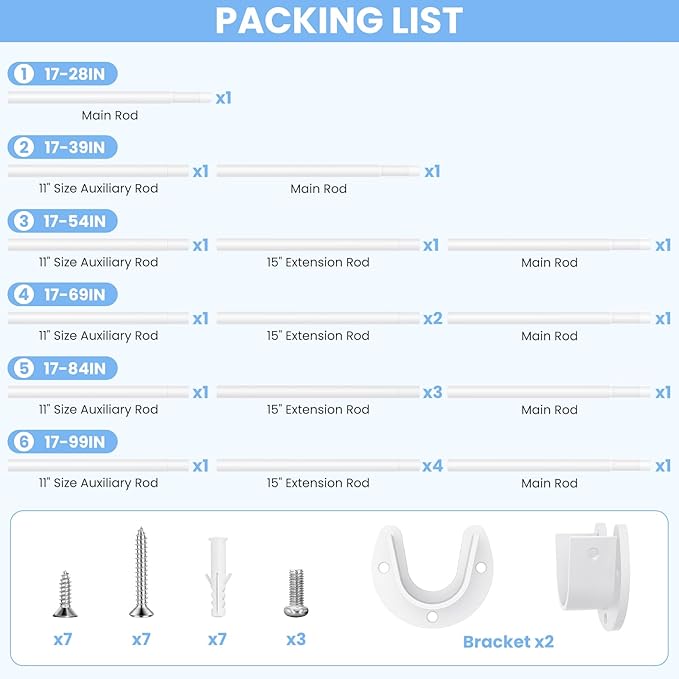 2 Pack Closet Rods for Hanging Clothes, 17 to 69 Inch Heavy Duty Stepless Adjustable Closet Hanging Rod, 1.3 Inch Diameter Metal Closet Rod for Wardrobes Laundry Bedroom RV, White