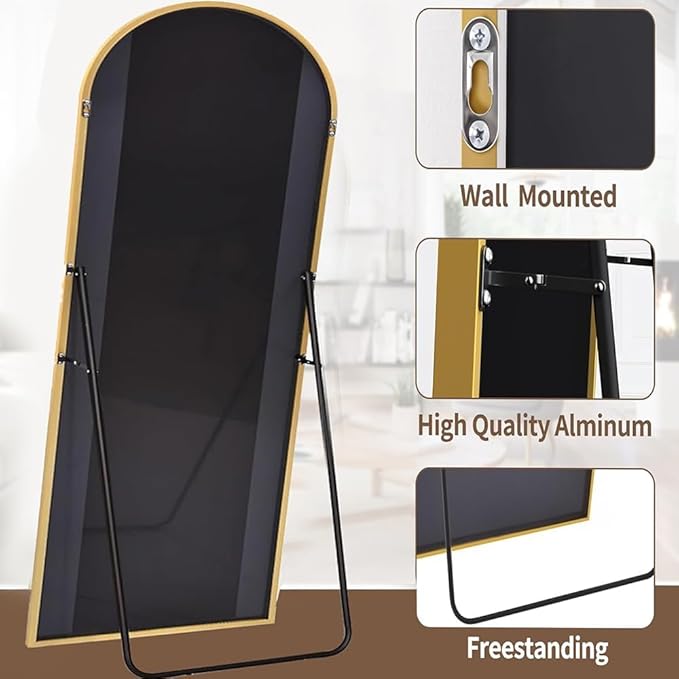Dewfig Arched Full Length Mirror, 90"x46" Large Floor Mirror with Stand, Oversized Full Body Mirrors for Leaning or Hanging, Wall Mounted Mirrors for Bedroom, Living Room,Dressing Room, Gold