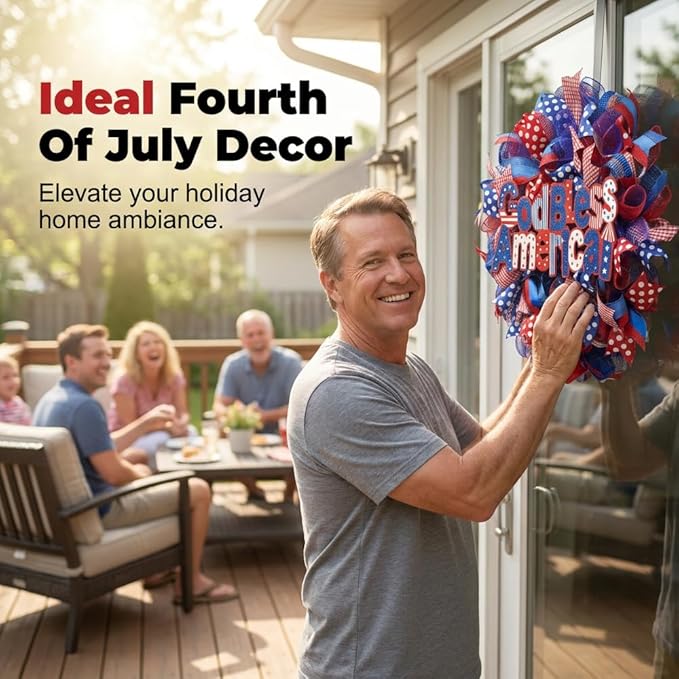 Patriotic Wreaths for Front Door, 250 Anniversary Decorations 4th of July Decorations Outdoor, Handcrafted Memorial Day Wreaths, Festival Celebration USA Flag Printed Wreath (F)