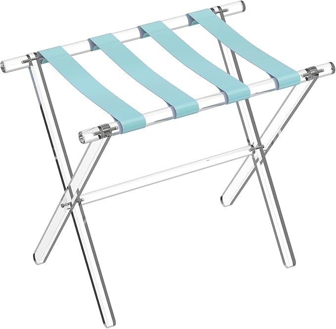 Sumerflos Acrylic Luggage Rack for Guest Room - Foldable Suitcase Stand with Leather Straps for Bedroom Living Room Hotel Heavy-Duty, Holds up to 50-100 lb lightweight Space Saving (Blue & Handle - 1 Pcs)