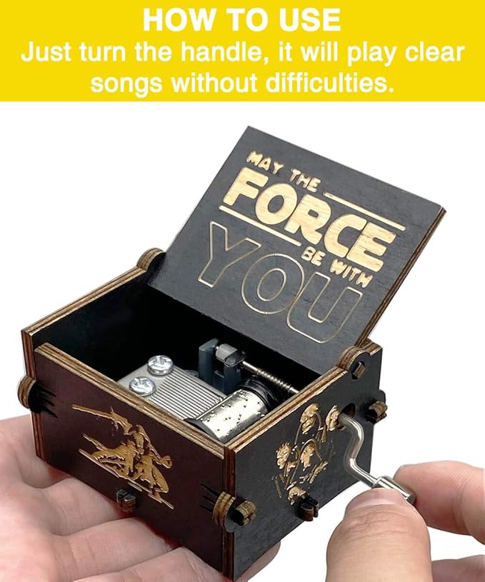 MAD DI Music Box, Wooden Hand Crank Unique Musical Boxes Theme Starwars, Mini Antique Vintage Craft Laser Engraved Home Decorations for Christmas, Wedding, Valentines, Birthday Gifts(Black)