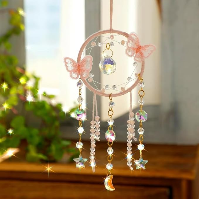 Artilady Dream Catcher for Girls - Pink Butterfly Small Moon Dream Catchers with Crystals Cute Room Decor for Teen Girls Boys Boho Bedroom Wall Home Decorations Birthday Christmas Kids Gifts