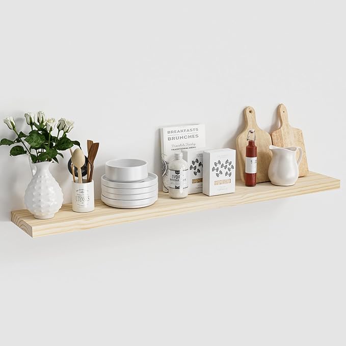 Vivelove Natural Wood Floating Shelves 48”，8 inch Deep Floating Shelf with Invisible Brackets, Unfinished Wall Shelves for Living Room, Bathroom, Kitchen, Bedroom, Home Decor, Set of 1 - Natural
