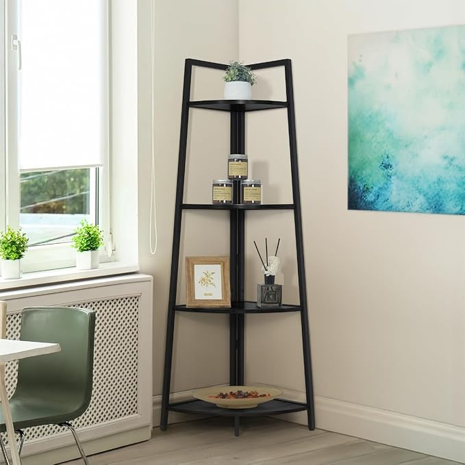 CAPHAUS Tall Corner Shelf Stand, 4-Tier Display Shelves, Ladder Corner Wood Storage Plant Bookshelf with Metal Frame, Versatile Shelving Unit Bookcase for Home Office Space, Black