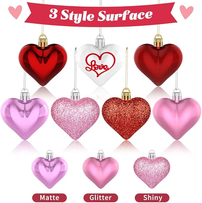 Valentine's Day Decor Heart Ornaments 36 Pcs Heart Shaped Baubles Red Pink White Hanging Decorations for Valentine's Day Christmas Wedding Anniversary