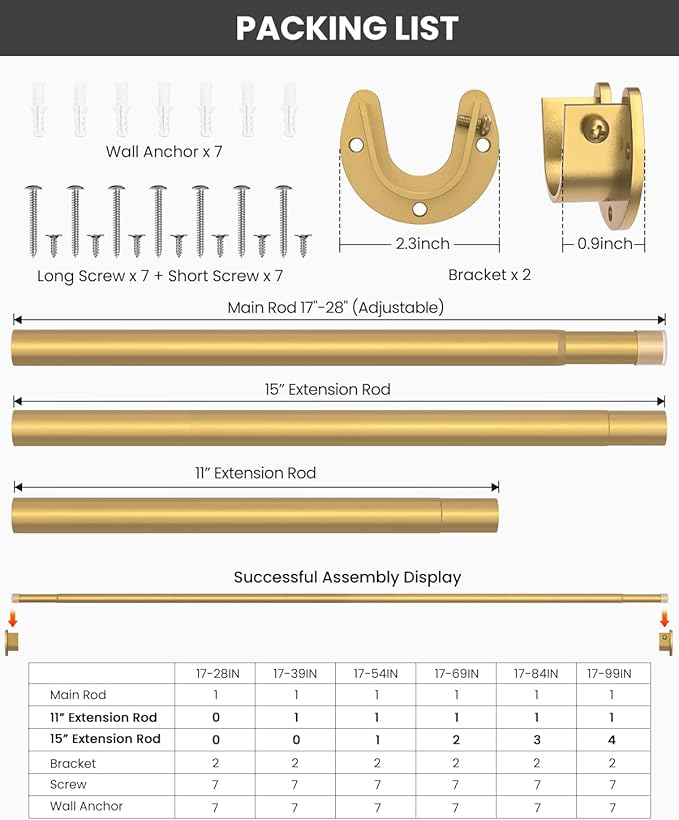 Closet Rods for Hanging Clothes, 17 to 84 Inches Stepless Adjustable Metal Closet Rod, 1.3 Inches Heavy Duty Clothes Hanging Rod for Closet Wardrobes Laundry RV, Golden