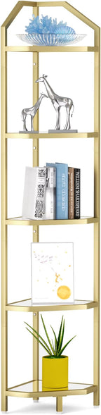 5-Tier Corner Shelf Stand, Gold Corner Bookshelf, Bathroom Storage Rack Shelf, Plant Rack, Tempered Glass, Steel Frame, Modern Style for Living Room, Bathroom, Kitchen, Metallic Gold