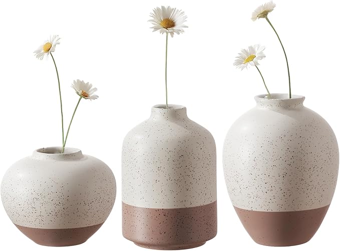 Ceramic Vase Set of 3, Vases Home Decor Rustic Farmhouse Decor, Small Pottery Vases for Bouquet Pampas Grass Dried Fresh Flowers, Living Room, Kitchen, Bedroom, Bathroom, Mantel Decor - Beige&Brown