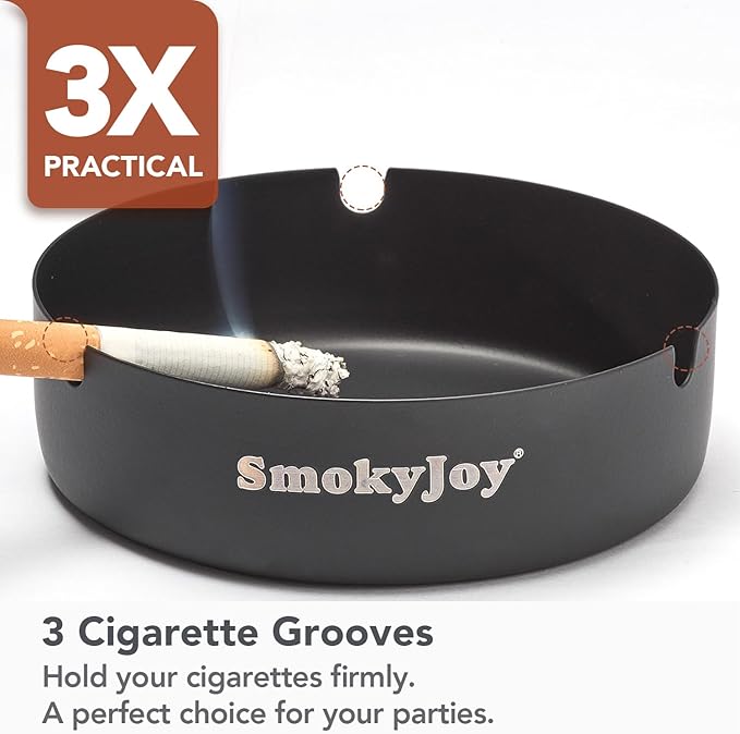 Ashtray with Lid for Outside Patio, 2 Pack Windproof Ash Tray, Black Stainless Steel Smokeless Ashtray for Outdoor Home Office Tabletop Patio Outdoor Balcony, Meidium