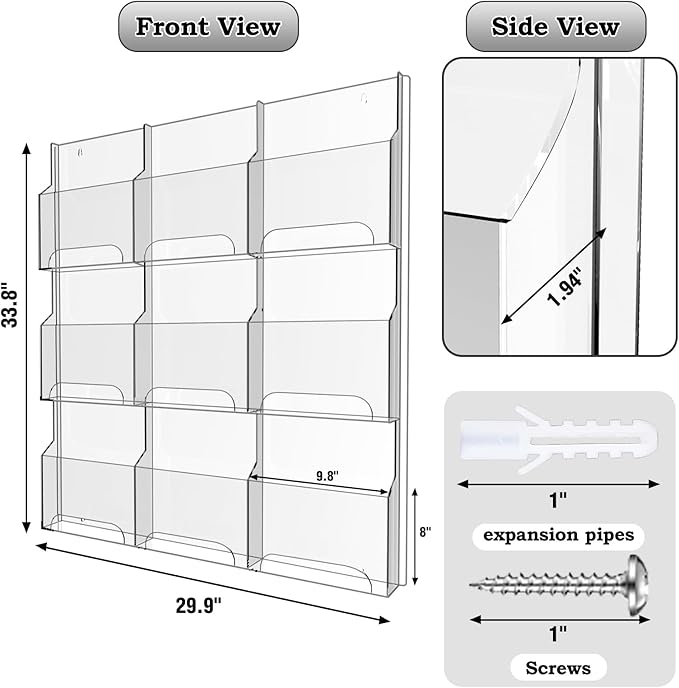 Acrylic Brochure Pamphlet Holder, 9 Magazine Holders, Clear Brochure Display Stand Wall Mount, Trifold Flyer Rack, Literature Storage Rack for Home, Offices, Waiting Room