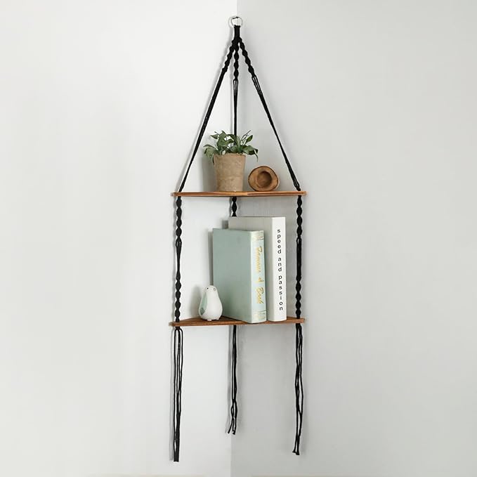 Artilady Macrame Corner Shelf Wall Hanging - 2 Tier Black Corner Floating Shelves Boho Wall Decor, Rustic Wooden Plant Shelf Storage Rack for Bedroom Living Room Bathroom