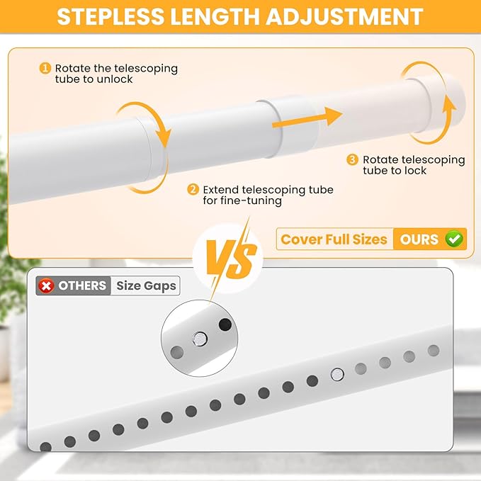 Closet Rods for Hanging Clothes, 17-98 Inch No-Cut Stepless Adjustable Closet Rod, 1.3 Inch Heavy Duty Metal Closet Hanging Rod with Brackets, White Closet Bar for Closet, Laundry Room, RV, Wardrobes