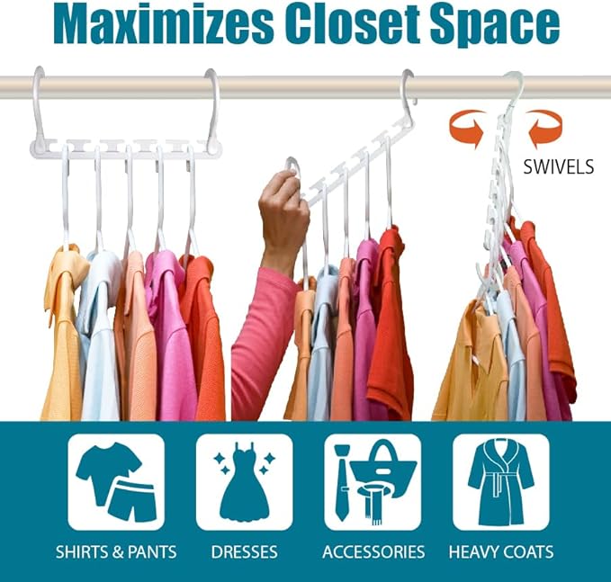 Wonder Hanger Max 10-Pack Space Saving Hangers, Reinforced Hooks Swivels 360°, Cascading Hanger, College Dorms & Storage Closet Organizer, Fully Assembled – White