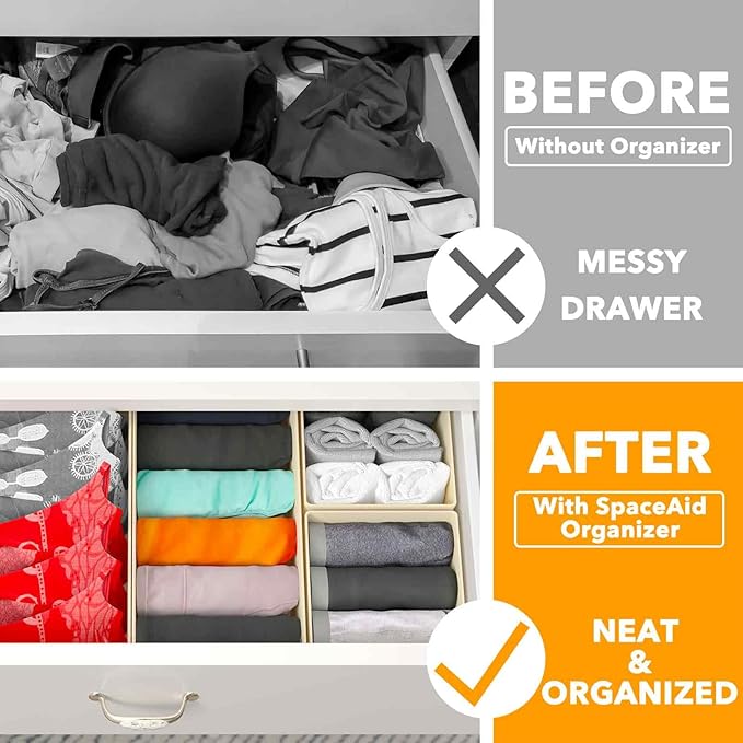 SpaceAid Drawer Organizer for Clothes, 18 Pack Dresser Drawer Organizer Bins, Closet Organizers and Storage Dividers for Clothing, Underwears, Socks (Beige)