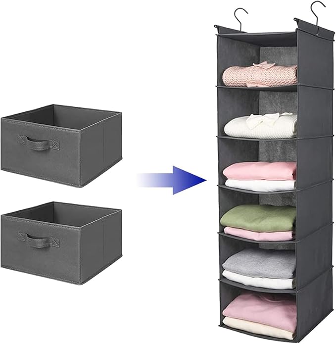 MAX Houser Hanging Shelf Closet Storage Organizer Removable Drawers ，Hanging Storage Organizer Hanging Sweater 2 Sock Underwear Drawers for Closet, Bedroom, Dark Grey