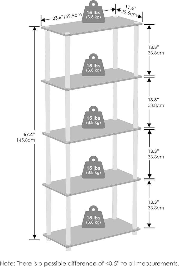 Furinno Turn-N-Tube Book Shelf, 5-Tier Bookshelf, Bookcase with Multipurpose Compact Display Rack, 11.6 x 23.6 x 57.4, for Living Room, Bedroom, Home Office, Beech/White