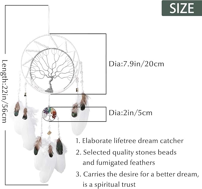 7 Chakras Tree of Life Dream Catcher Wall Decor with Rainbow Healing Crystal Stone Handmade White Feather DreamCatchers Wall Hanging Ornaments for Bedroom Home Decor Blessing Gift Wedding Party -22"