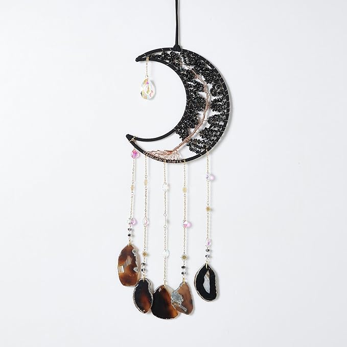 Agate Gemstone Big Dream Catcher 7 Chakra Tree of Life Dream Catcher with Crystal Stones Handmade Dreamcatcher Wall Decor for Adults Boys Girls,Bedroom,Garden,Bless Gift(Large Black Moon)