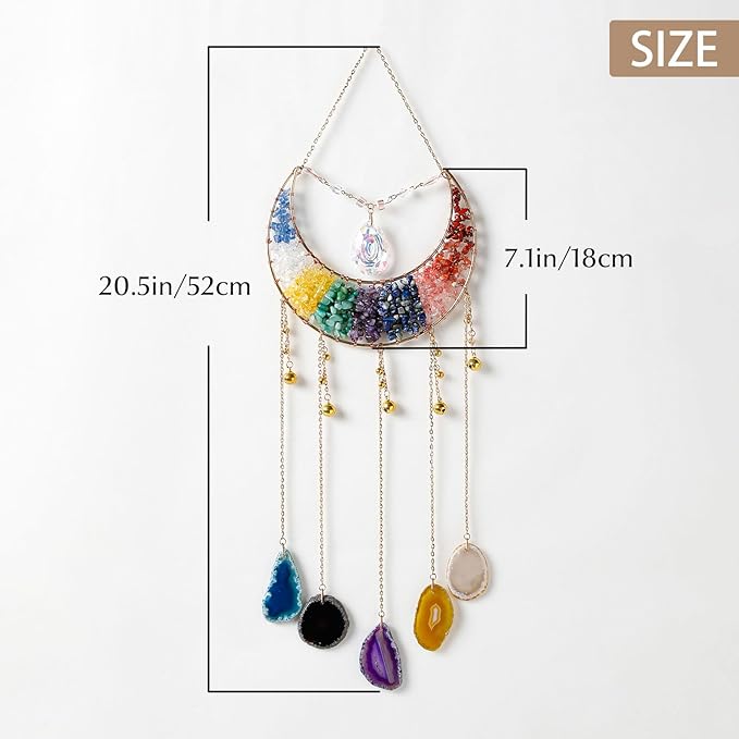 Agate Gemstone Dream Catcher 7 Chakra Tree of Life Dream Catcher with Rainbow Crystal Stones Handmade Dreamcatcher Wall Decor for Adults Boys Girls,Bedroom,Wedding,Garden,Bless Gift(Inverted Moon)
