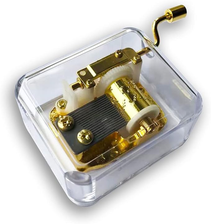 Play (I Believe) Clear Acrylic Hand Crank Music Box with Sankyo Musical Movement (65 Tunes Option)