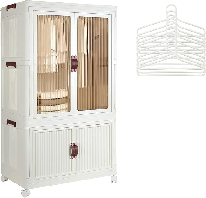 Portable Closet Wardrobe, Folding Storage Bins with Lid, Stackable Storage Box with Hanging Rod and Doors, Collapsible Plastic Clothes Cabinet with Wheels, 10 Hangers