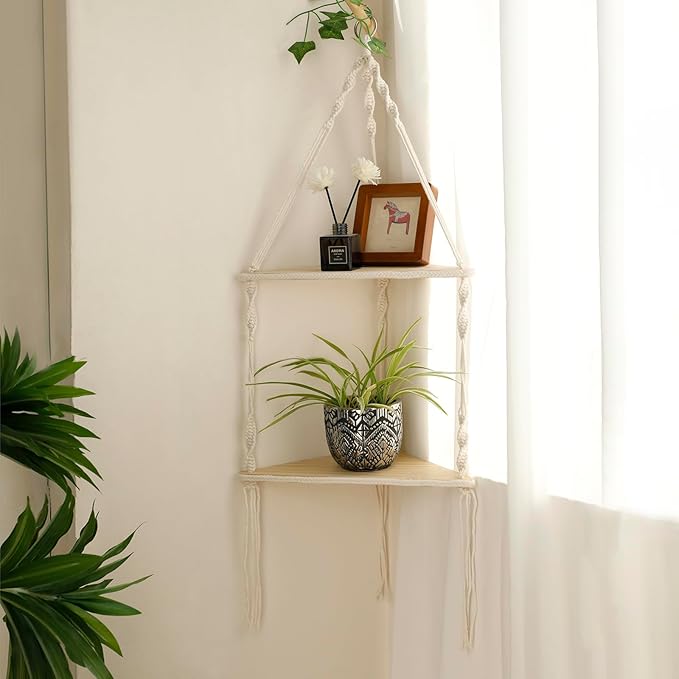 Artilady Macrame Corner Shelf Wall Hanging - 2 Tier White Corner Floating Shelves Boho Wall Decor, Rustic Wooden Plant Shelf Storage Rack for Bedroom Living Room Bathroom