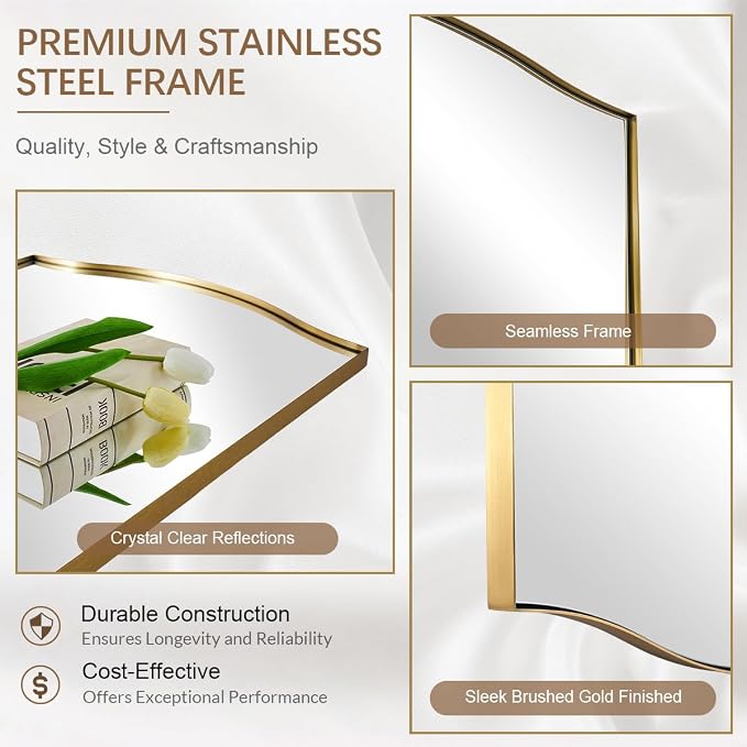ANDY STAR Gold Bathroom Mirror, 24"x36" Brushed Brass Scalloped Wall Mirror in Stainless Steel Metal Frame, Unique Vanity Mirror with Modern Curved Edge Design, Ideal for Bathroom, Bedroom, Entryway