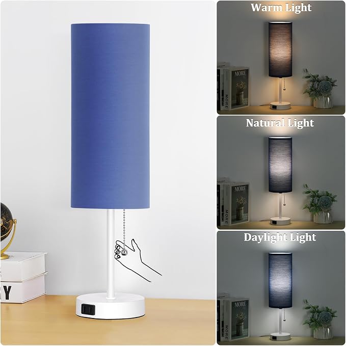 Dott Arts 18" Table Lamp for Bedroom, 3-Color Bedside Lamps with Pull Chain, Bedroom Table Lamps for Nightstand,AC Outlet Small Lamp for Living Room, Bulb Included Blue
