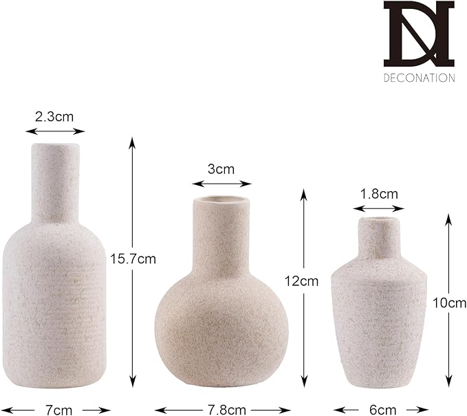 DN DECONATION Ceramic Vase Set of 3, Small Vases Home Decor Boho Rustic Farmhouse for Pampas Grass & Dried Fresh Flowers, Modern Decorative Vases for Living Room, Bedroom, Entryway, Shelf, Table Decor
