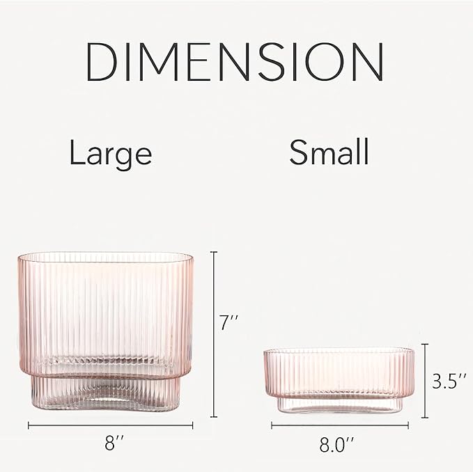 Short Glass Vases, Set of 2 Pink Glass Vases for Tulips, Ribbed Vase for Flowers, Modern Small Vase for Living Room, Dining Room, Bathroom, Desk, Shelf, Wedding, Office