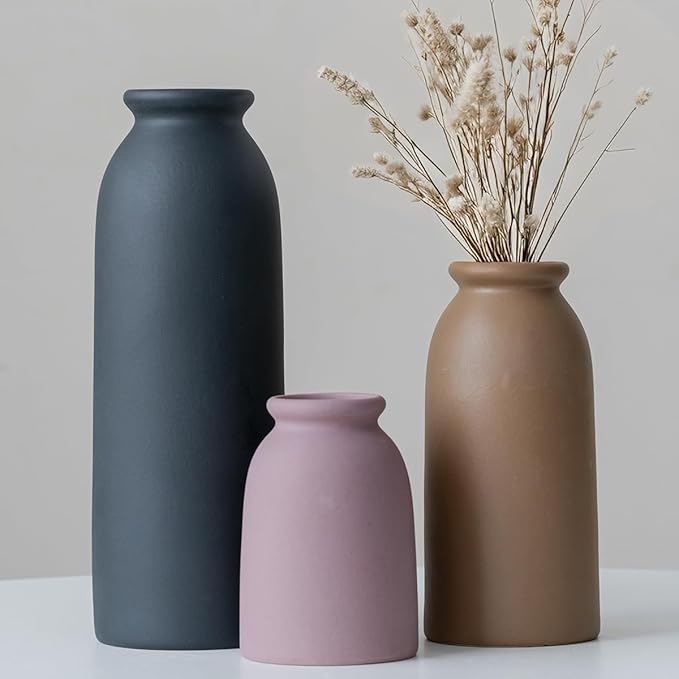 Ceramic Vase Set-3, Small Flower Vases for Decor, Modern Boho Farmhouse Style, Decorative Vases for Pampas Grass & Dried Flowers, Distressed Finish (Light Coffee)