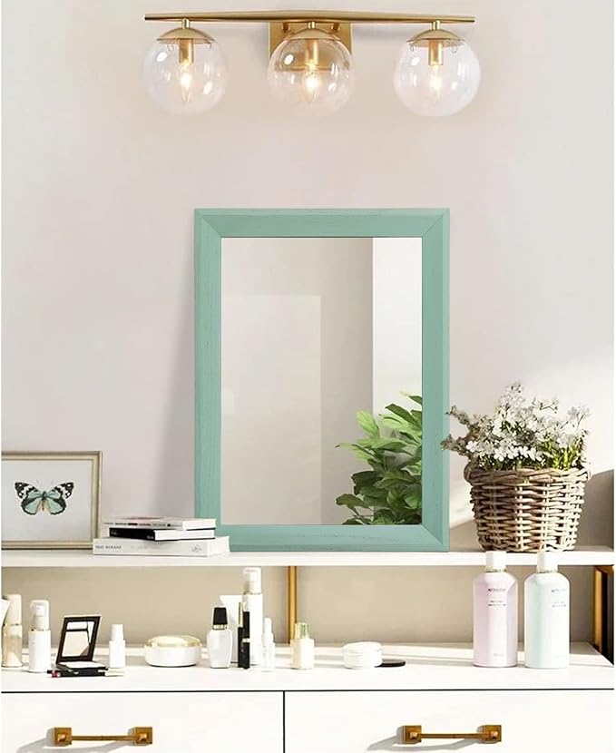 AAZZKANG Wood Framed Mirror Rectangle Modern Farmhouse Wall Mirrors Decor for Bedroom Living Room Bathroom Dressing Room Small Green