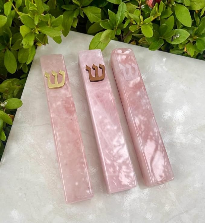 A&S Mezuzot Quartz Mezuzah Case with Engraved Shin Design Easy Peel and Stick Judaica Door Mezuza (Pink+Gold, 6 Inches)