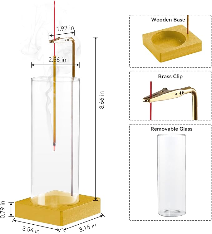 1 Pack Incense Holder for Sticks, Insence-Stick Holder Ash Catcher with Removable Glass [Anti-Ash Flying], Mess-Free Incense Burner Holder, Perfect for Meditation Yoga Relaxation,Home Decor(Gold Base)