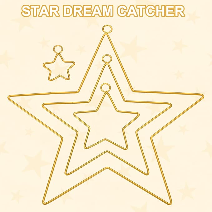 MECCANIXITY 4 Pcs Star Dream Catcher Rings, 12" Dream Catcher Metal Hoops Macrame Wreath Rings Pentagram Floral Hoops for DIY Craft Making Home Wedding Wall Hanging Decoration, Gold