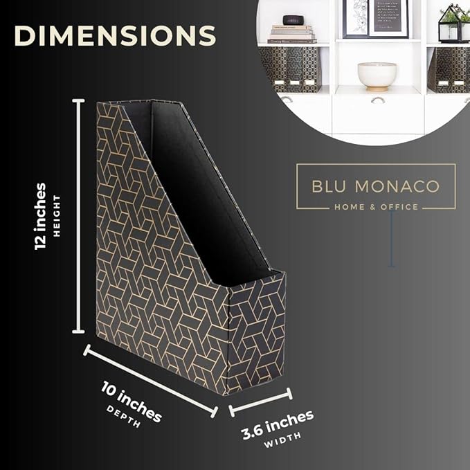 BLU MONACO | Set of 4 Black & Gold Geometric Magazine File Holders with Gold Label Holders | Stylish Vertical File Organizer Boxes for Desk, Bookshelf & Office Storage